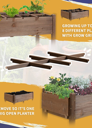 Wooden Garden Box, 34.25H with 8 Pockets and Lockable Wheels, Foldable Side Clapboard, Elevated and Self-Draining Design, to Grow Herbs, Vegetables, and Flowers, Brown