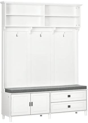 Hall Tree with Storage Bench, Entryway Bench with Coat Rack, Accent Coat Tree with Storage Shelves, Cabinet and Drawers for Hallway, Mudroom, White