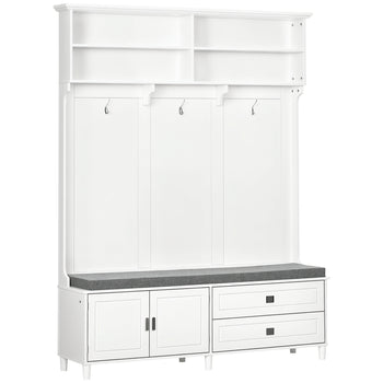 Hall Tree with Storage Bench, Entryway Bench with Coat Rack, Accent Coat Tree with Storage Shelves, Cabinet and Drawers for Hallway, Mudroom, White