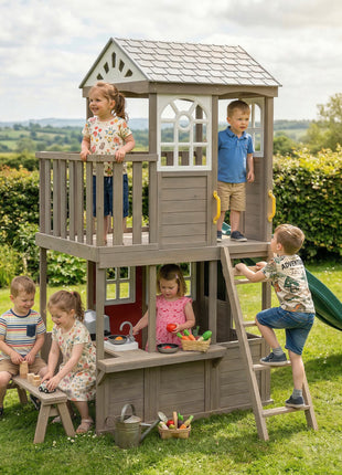Two-Story Outdoor Playhouse, Wooden Kids Playhouse with Slide, Bench, BBQ Play Kitchen, Ladder, Lookout Platform, Clock