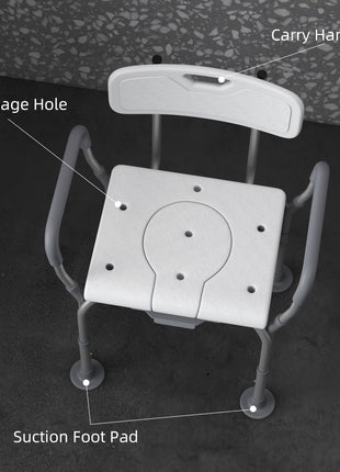3-in-1 Shower Chair with Back and Arms, Height Adjustable Bedside Commode, Raised Toilet Seat with Non-Slip Rubber Foot Pad for Seniors, Disabled, White
