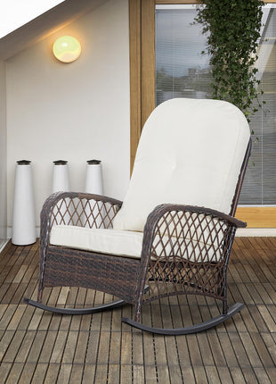 Outdoor PE Rattan Wicker Recliner Rocker Chair w/ Soft Cushion for Garden