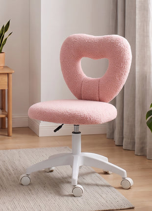 Armless Computer Desk Chair, Office Task Chair, Teddy Fleece Heart Makeup Vanity Chair with Swivel Wheels, Pink