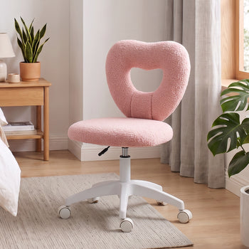 Armless Computer Desk Chair, Office Task Chair, Teddy Fleece Heart Makeup Vanity Chair with Swivel Wheels, Pink