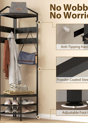 Corner Hall Tree, Industrial 4-Tier Coat Rack with Shoe Storage, 8 Movable Hooks and 2 Shelves for Hallway, Black