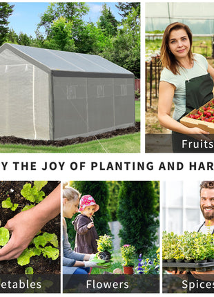 20' x 10' x 9' Walk-in Greenhouse, Outdoor Garden Warm Hot House with 6 Roll-up Windows, 2 Zippered Doors and Weather Cover, White
