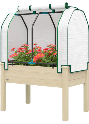Raised Garden Bed with PE Greenhouse Cover Outdoor Planter Box for Herbs and Vegetables, 35 x 22 x 47 inch, Natural