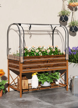 Raised Garden Bed with Legs and Cover, Metal Elevated Planter Box with Bottom Shelf and Liner for Vegetables, Brown