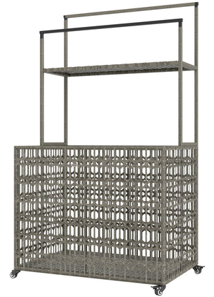 Wicker Pool Float Storage Organizer, PE Rattan Pool Float Holder with Basket Shelf Towel Bars, Rolling Pool Caddy for Floaties, Noodles, Life Vests, Beach Balls, Mixed-Gray