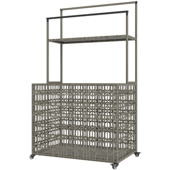 Wicker Pool Float Storage Organizer, PE Rattan Pool Float Holder with Basket Shelf Towel Bars, Rolling Pool Caddy for Floaties, Noodles, Life Vests, Beach Balls, Mixed-Gray