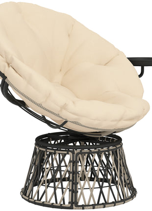 360° Swivel Outdoor Papasan Chair, 39" Overstuffed Circle Chair with Side Tray, Thick Cushion for Indoor Patio, Beige