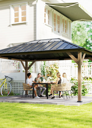 12' x 16' Hardtop Gazebo with Galvanized Steel Roof, UPF50+ Wood Permanent Pavilion with Clear Roof Top, Light Walnut