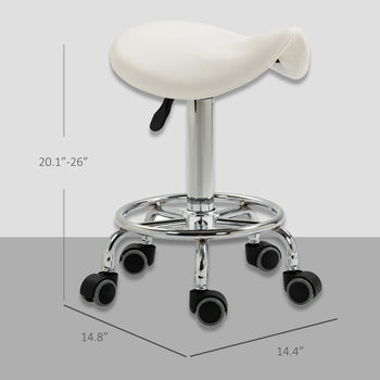 PU Leather Adjustable Stool, Rolling Saddle Stool with Wheels for Massage, Spa, Clinic, Beauty and Tattoo, White