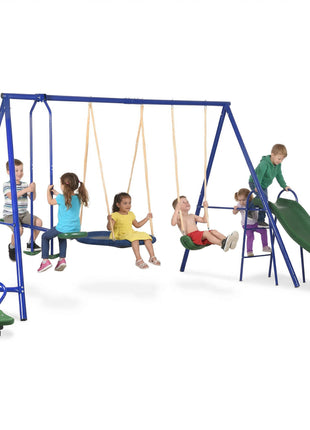 Swing Set for Backyard, 5 in 1 Outdoor Playset for Kids with Heavy-Duty A-Frame Stand, 29.5" Saucer Swing, Slide, Teeter-Totter, Glider, 693 Lbs Load, Blue