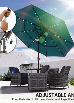 9.7 ft Outdoor Patio Umbrella with Solar LED Lights, 3 Tier Outdoor Table Umbrella with Tilt, Crank, Teal