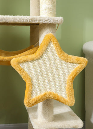 63 Inch Moon and Star Themed Cat Tree with Scratching Post, Hammock, Condo, Bed, Scratching Board & Cat Toys, Beige