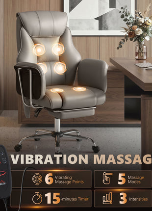Massage Office Chair with 6 Points Vibration, Executive Desk Chair with High Back, PU Leather, Footrest, Gray