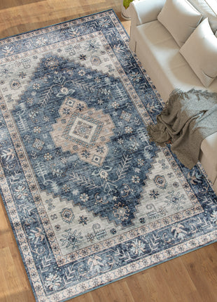 8x10 Area Rug, Vintage Washable Rug, Non-Slip Floor Carpet for Living Room, Bedroom, Dining Room, Blue