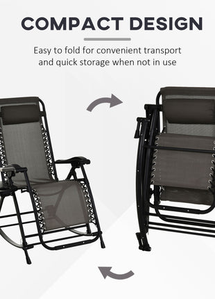 Outdoor Rocking Chairs, Foldable Reclining Zero Gravity Lounge Rocker with Pillow, Cup & Phone Holder, Combo Design with Folding Legs, Gray