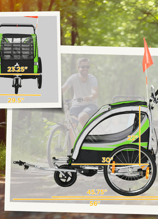 2-in-1 Walk/Ride Child Baby Bike Trailer for Kids 2 Seater, High-Visibility Bike Stroller for Toddler Wagon, Weather-Strong Double Bicycle Trailer Accessory, Green