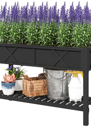 Raised Garden Bed, 47 x 22 x 31.5 in. Elevated Wood Planter Box with Storage Shelf, Drainage Holes, and Liner, Black