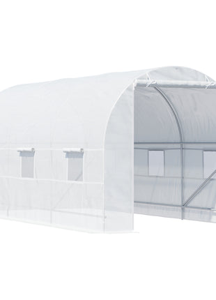 15' x 7' x 7' Walk-In Tunnel Greenhouse, Large Garden Hot House Kit with 6 Roll-up Windows & Roll Up Door, Steel Frame, White