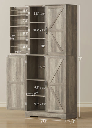 Farmhouse Kitchen Pantry, 72" Tall Pantry Cabinet with 4 Barn Doors, 4 Adjustable Shelves and 8 Door Shelves, Gray Wash