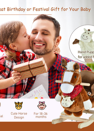 Kids Ride-On Rocking Horse Toy, Rocker with Lullaby Song, Hand Puppets & Soft Plush Fabric for Children 18-36 Months, Brown