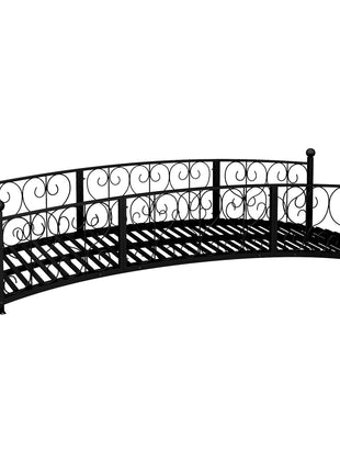 7' Metal Arch Garden Bridge Arc Footbridge with Side Railings Decorative Scrollwork, Black