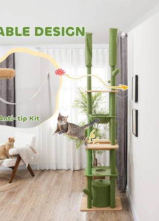 89"-100" Floor to Ceiling Cat Tree, Cat Climbing Tower with Grooming Brush Post, Cat Condo, Hammock, Green