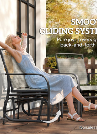 Outdoor Glider Chairs with Coffee Table, Patio 2-Seat Rocking Chair Swing with Breathable Sling for Backyard, Gray