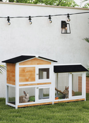 62" Rabbit Hutch, Wooden Bunny Hutch, Guinea Pig Cage, Small Animal Enclosure with Run Area, Removable Tray, Asphalt Roof, Lockable Doors and Ramp, for Rabbits, Chickens, Ducks, Nature Wood