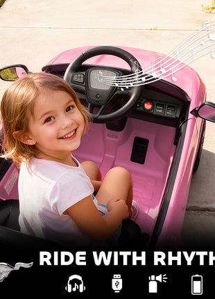 12V Kids Ride On Car, Licensed Ford Mustang Mach-E Electric Car with Remote Control, LED Light, Music, Pink