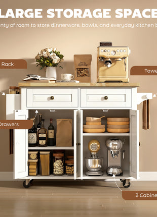 44" Mobile Kitchen Island Table, Kitchen Island Cart on Wheels with Storage Cabinets, 2 Drawers, White