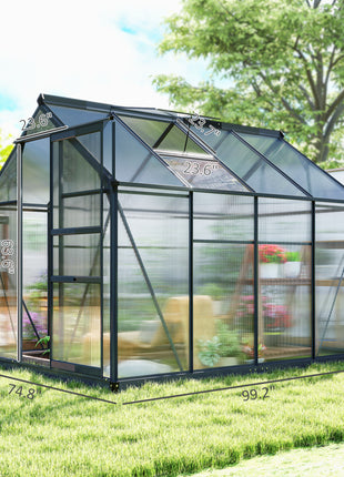 Polycarbonate Greenhouse, Heavy Duty Outdoor Aluminum Walk-in Green House Kit Vent Door, 6.2'x8.3'x6.6' Gray