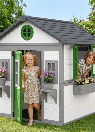 Wooden Playhouse for Kids Outdoor with Doors, Windows, Planter Pots and Boxes for Toddlers 3-8 Years, White