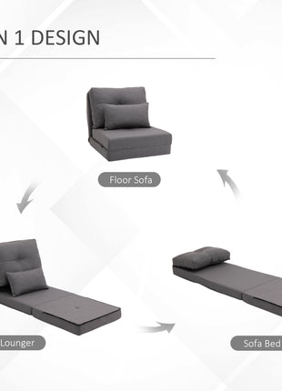 Convertible Flip Chair, Floor Lazy Sofa, Folding Upholstered Couch Bed with Adjustable Backrest, Metal Frame and Pillows for Living Room Bedroom, Dark Gray