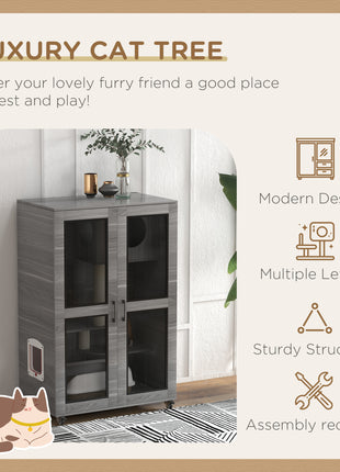 Cat Tree House with Scratching Post and Wheels, Gray