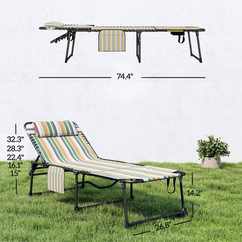 2 Piece Folding Chaise Lounge Pool Chairs with 5-level Reclining Back, Reading Hole, Side Pocket, Rainbow Striped