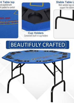 Poker Table Foldable, 47" Octagon Blackjack Poker Game Table for 8 Players with Cup Holders and Chips Tray, Blue Felt