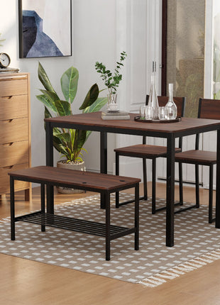 Industrial 4 Piece Dining Room Table Set with Bench Wooden Kitchen Table and Chairs w/ Storage Rack for Kitchen, Dinette, Rustic Brown/Black