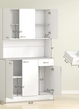 71" Kitchen Pantry Cabinet, Tall Storage Cabinet with Microwave Stand, Modern Kitchen Hutch with Countertop, 6 Doors, Storage Drawer, 3 Adjustable Shelves for Living Room, Dining Room, White