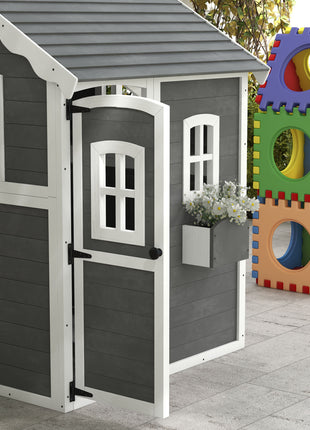 Outdoor Wooden Playhouse for Kids with Floor, Door, Windows, Planter Box for 3-8 Years Old, Backyard, Lawn, Garden