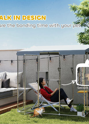 79" Galvanized Steel Large Catio with Waterproof Canopy, Sleeping Box, Jumping Platforms, for 1-3 Kittens, Silver