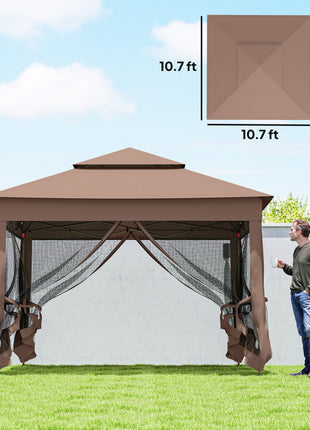 Outdoor Patio Pop Up Canopy Gazebo Shelter with Zipper Netting, Carry Bag, 11' x 11', Brown