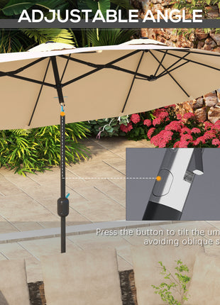 Double Sided Patio Umbrella, 9.7' Large Outdoor Market Umbrella with Push Button Tilt and Crank, 3 Air Vents and 12 Ribs, for Garden, Deck, Pool, Brown