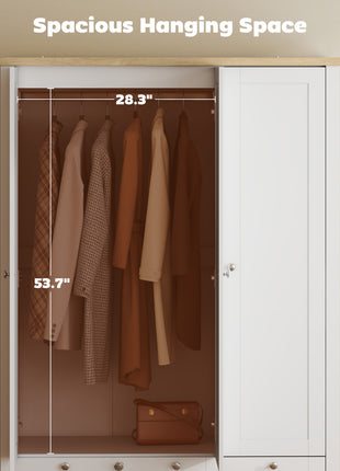 3 Doors Wardrobe Closet with 2 Drawers, Bedroom Armoire with Lockable Drawer, Hanging Rod and Storage Shelves, White