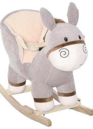 Kids Rocking Chair, Plush Ride On Rocking Horse Donkey with Sound, Wood Base Seat, Safety Belt, Baby Toddler Rocker Toy for 18 - 36 Months, Gray
