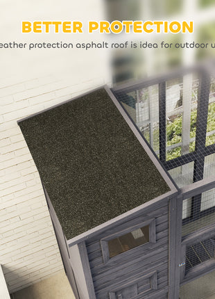 Wooden Outdoor Catio with Platforms, Asphalt Roof, Ramps, Gray