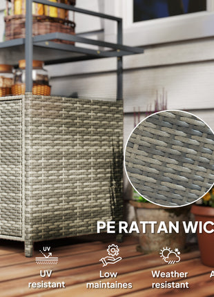 2-Tier Shelf PE Rattan Outdoor Bar Table, Glass Top Outdoor Serving Cart with Cabinet, Mixed Gray